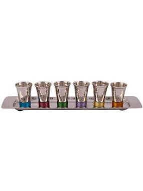 Set of 6 Multicolor Kiddush Cups with Tray - Nickel Hammered Goblet Collection